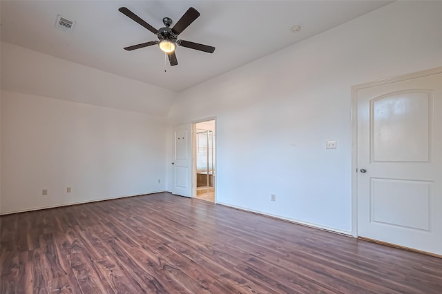 6010 Le Moyne Pass Ln, Missouri City, TX 77459 - empty room with dark wood finished floors, visible vents, lofted ceiling, and ceiling fan