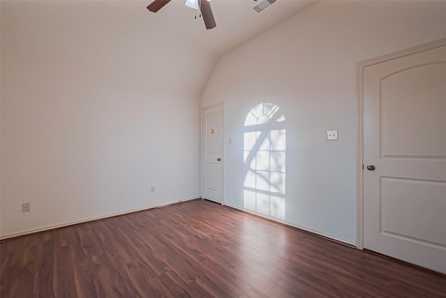6010 Le Moyne Pass Ln, Missouri City, TX 77459 - empty room with visible vents, lofted ceiling, dark wood-type flooring, and ceiling fan