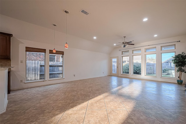6010 Le Moyne Pass Ln, Missouri City, TX 77459 - unfurnished living room featuring visible vents, lofted ceiling, light tile patterned floors, recessed lighting, and a ceiling fan