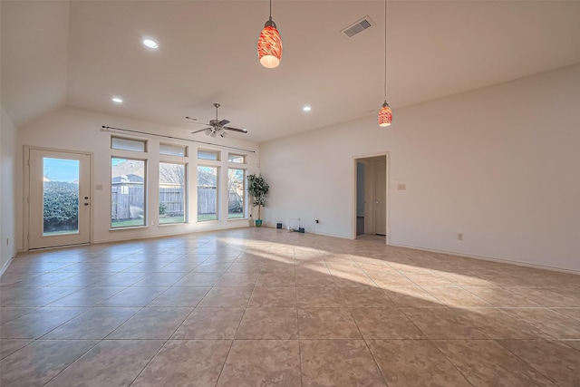 6010 Le Moyne Pass Ln, Missouri City, TX 77459 - unfurnished living room with visible vents, lofted ceiling, light tile patterned floors, recessed lighting, and a ceiling fan