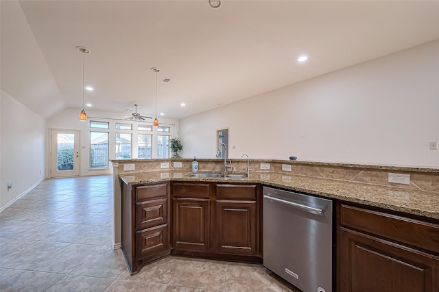 6010 Le Moyne Pass Ln, Missouri City, TX 77459 - kitchen with a ceiling fan, lofted ceiling, a sink, dark brown cabinets, and dishwasher