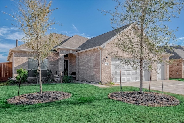view of front of home featuring a front lawn, concrete driveway, brick siding, and a garage