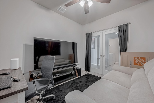 office space with a ceiling fan, french doors, and visible vents