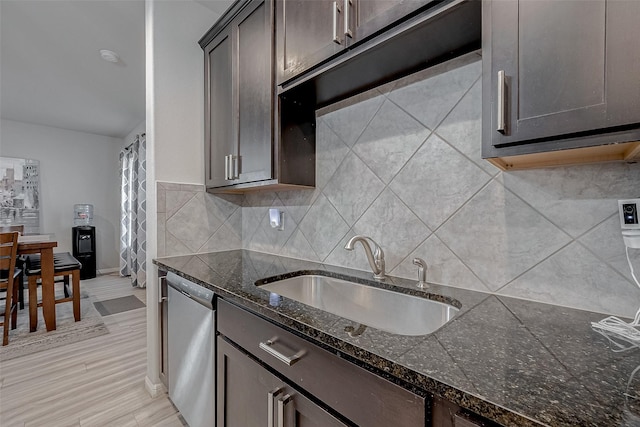 kitchen featuring dark stone counters, a sink, decorative backsplash, dark brown cabinets, and dishwasher
