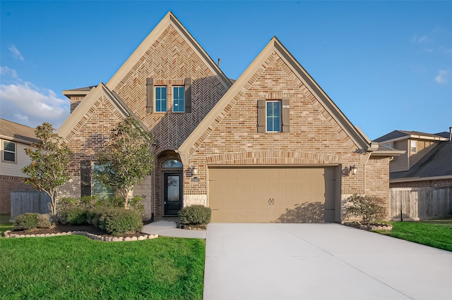 view of front of home with a front yard, fence, driveway, a garage, and brick siding