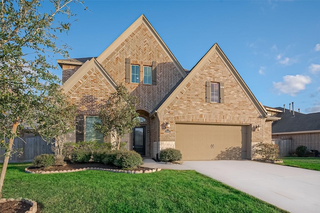 view of front of house with brick siding, driveway, and a front yard