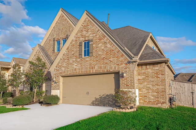 view of front of property featuring an attached garage, brick siding, driveway, and a shingled roof