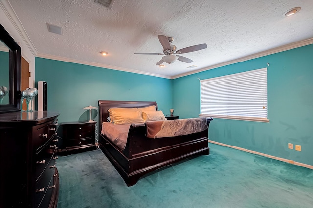 bedroom with visible vents, baseboards, carpet floors, and ornamental molding