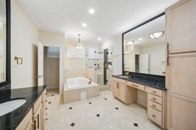 2112 Mcduffie St, Houston, TX 77019 - full bathroom featuring a stall shower, ornamental molding, a bath, recessed lighting, and two vanities