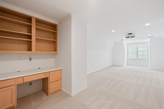 2112 Mcduffie St, Houston, TX 77019 - unfurnished office featuring built in desk, light colored carpet, vaulted ceiling, and recessed lighting