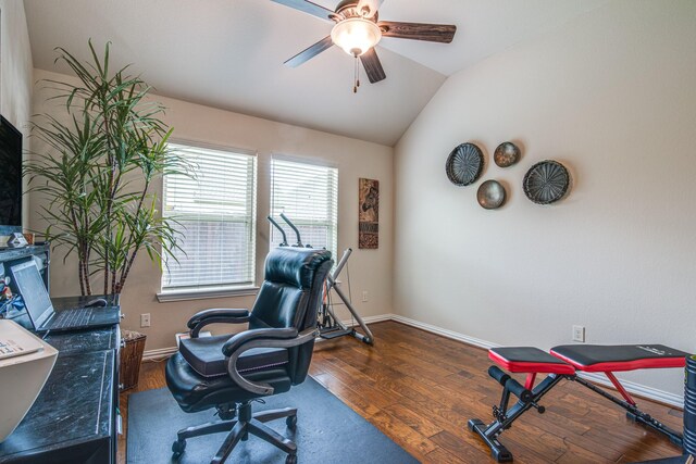 1415 Nacogdoches Valley Dr, League City, TX 77573 - office space with baseboards, wood finished floors, a ceiling fan, and vaulted ceiling