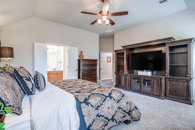 1415 Nacogdoches Valley Dr, League City, TX 77573 - bedroom with visible vents, ensuite bath, carpet, ceiling fan, and vaulted ceiling