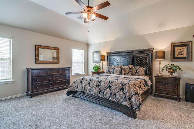 1415 Nacogdoches Valley Dr, League City, TX 77573 - carpeted bedroom featuring a ceiling fan, vaulted ceiling, baseboards, and visible vents