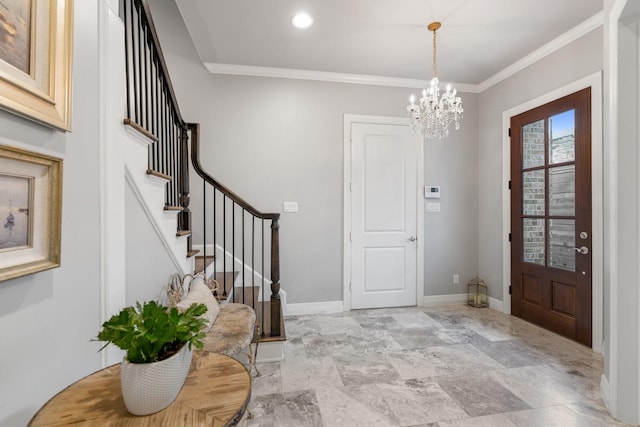 308 W Saulnier St, Houston, TX 77019 - entrance foyer featuring ornamental molding, baseboards, stairway, and a chandelier