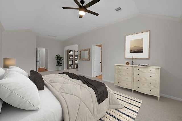 82 S Regan Mead Cir, Montgomery, TX 77382 - bedroom featuring vaulted ceiling, light colored carpet, baseboards, crown molding, and ceiling fan