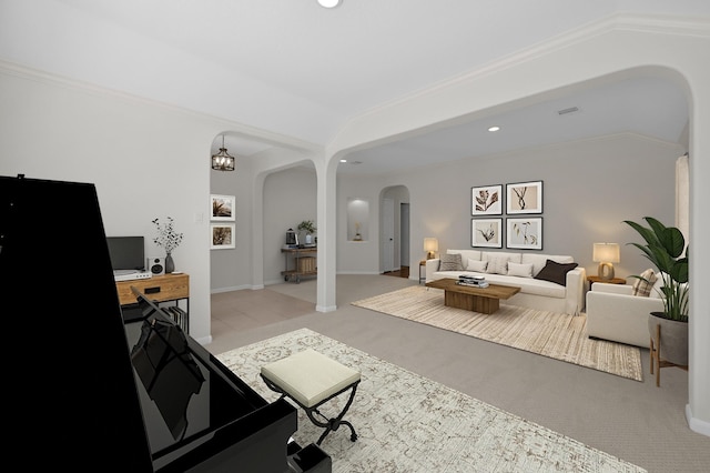 82 S Regan Mead Cir, Montgomery, TX 77382 - living area featuring arched walkways, light carpet, recessed lighting, baseboards, and an office area