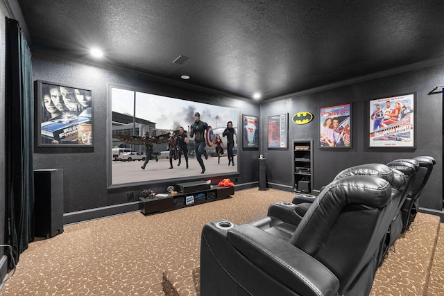 8536 Prince William Ct, Montgomery, TX 77316 - cinema room featuring carpet flooring, ornamental molding, a textured wall, a textured ceiling, and recessed lighting