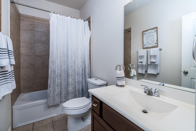 bathroom with shower / bath combination with curtain, toilet, vanity, and tile patterned floors