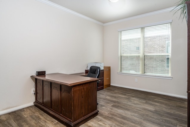 office area with dark wood-style flooring, ornamental molding, and baseboards