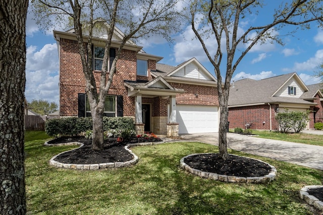 traditional-style home featuring brick siding, an attached garage, driveway, and a front lawn
