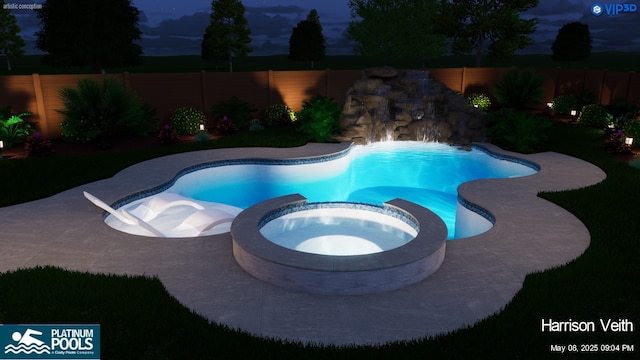 4738 Trickle Creek Ct, Fulshear, TX 77441 - pool at twilight with a pool with connected hot tub and a fenced backyard