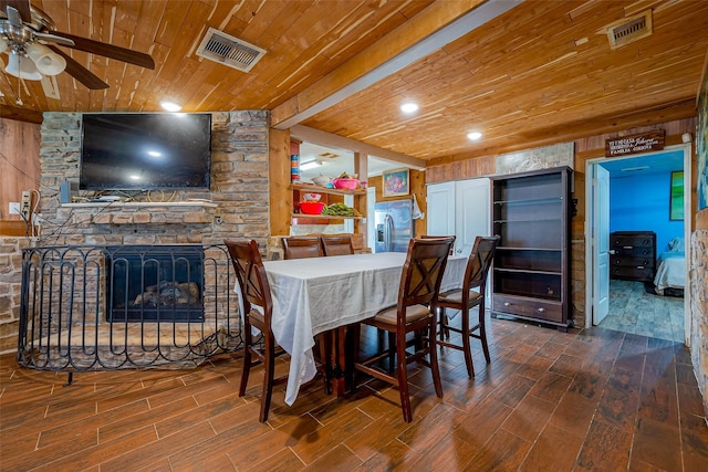 6009 Crane St, Houston, TX 77026 - dining space featuring wood finished floors, visible vents, wood ceiling, and ceiling fan