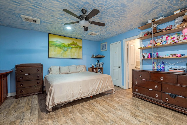 6009 Crane St, Houston, TX 77026 - bedroom with a ceiling fan, visible vents, and light wood-style floors