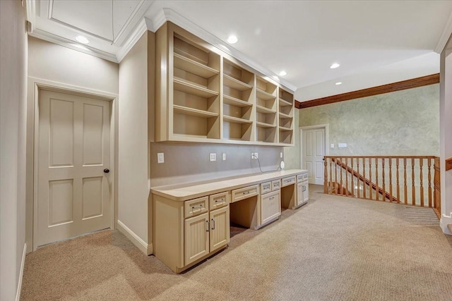 2023 Greenwood Oaks Dr, Houston, TX 77062 - unfurnished office with wallpapered walls, crown molding, light carpet, built in desk, and recessed lighting
