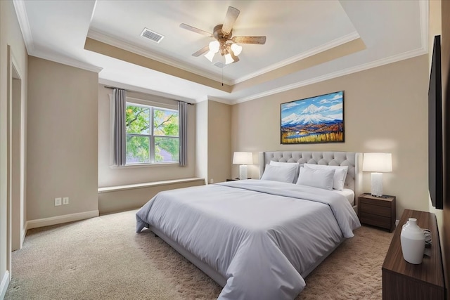 2023 Greenwood Oaks Dr, Houston, TX 77062 - bedroom with visible vents, a tray ceiling, carpet floors, crown molding, and baseboards