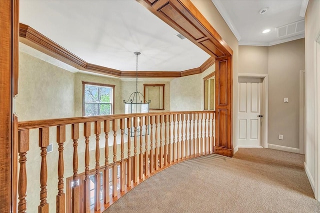 2023 Greenwood Oaks Dr, Houston, TX 77062 - corridor featuring visible vents, ornamental molding, carpet flooring, and a chandelier