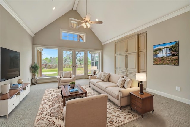 2023 Greenwood Oaks Dr, Houston, TX 77062 - living area featuring high vaulted ceiling, french doors, baseboards, light colored carpet, and ceiling fan