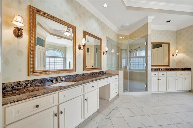 2023 Greenwood Oaks Dr, Houston, TX 77062 - bathroom featuring wallpapered walls, a stall shower, and ornamental molding