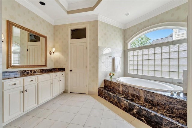 2023 Greenwood Oaks Dr, Houston, TX 77062 - full bathroom featuring tile patterned flooring, wallpapered walls, ornamental molding, a bath, and vanity