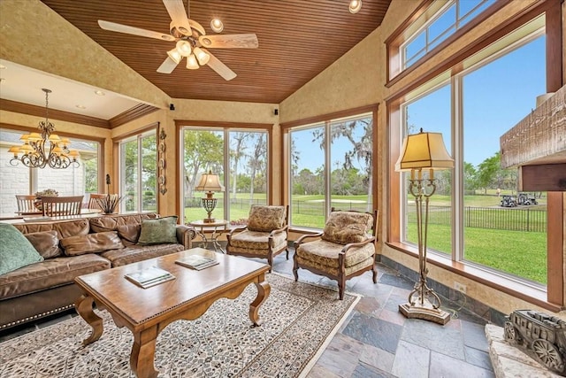 2023 Greenwood Oaks Dr, Houston, TX 77062 - sunroom with stone tile floors, wooden ceiling, vaulted ceiling, and a healthy amount of sunlight