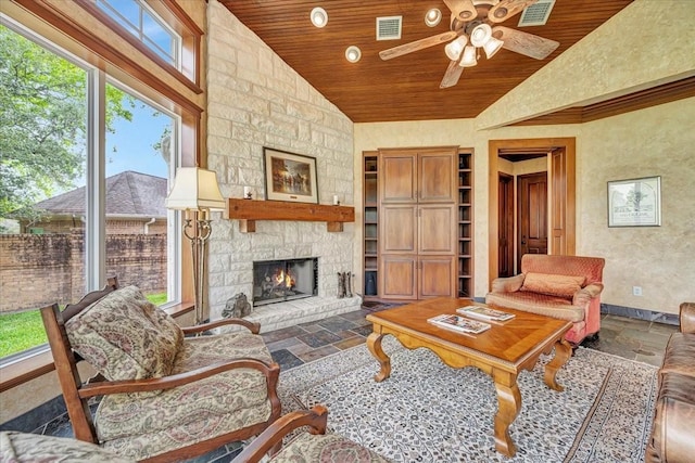 2023 Greenwood Oaks Dr, Houston, TX 77062 - living room with wood ceiling, visible vents, and stone tile flooring