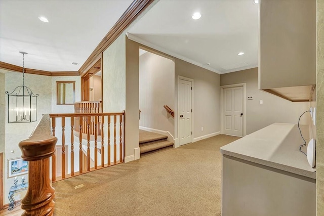 2023 Greenwood Oaks Dr, Houston, TX 77062 - corridor featuring an upstairs landing, carpet, recessed lighting, and ornamental molding