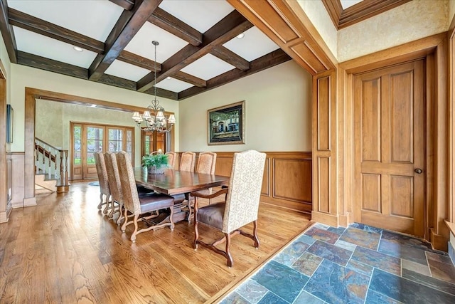 2023 Greenwood Oaks Dr, Houston, TX 77062 - dining area featuring a wainscoted wall, stairs, beam ceiling, an inviting chandelier, and coffered ceiling