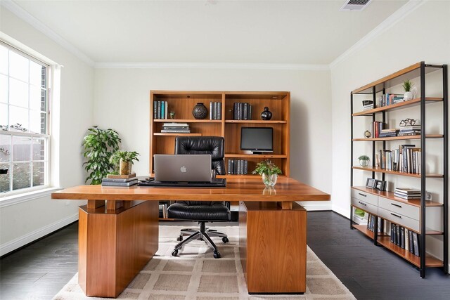 7611 Irby Cobb Blvd, Richmond, TX 77469 - home office with baseboards, wood finished floors, and crown molding