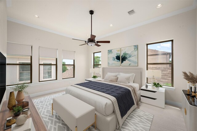 4314 Gibson St Unit A, Houston, TX 77007 - carpeted bedroom with crown molding, recessed lighting, and ceiling fan