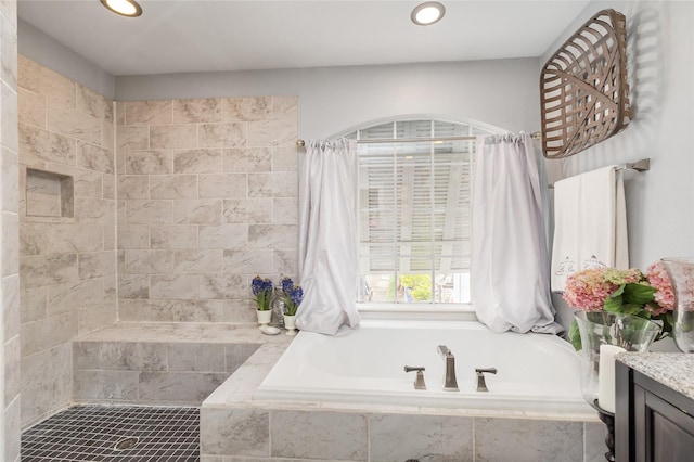 834 Lamonte Ln, Houston, TX 77018 - full bathroom featuring a tile shower, a bath, vanity, and recessed lighting