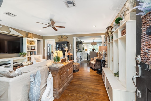 834 Lamonte Ln, Houston, TX 77018 - living area featuring wood finished floors, visible vents, ornamental molding, and ceiling fan