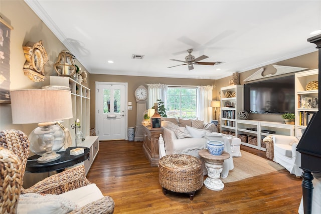834 Lamonte Ln, Houston, TX 77018 - living room with a ceiling fan, wood finished floors, ornamental molding, and visible vents