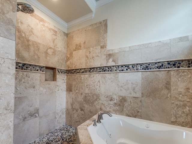 bathroom featuring tile walls, a jetted tub, a tile shower, and ornamental molding