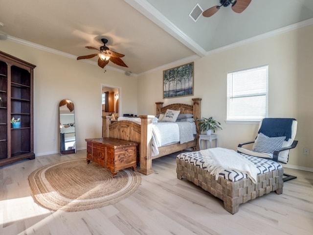 bedroom featuring visible vents, baseboards, ornamental molding, wood finished floors, and a ceiling fan