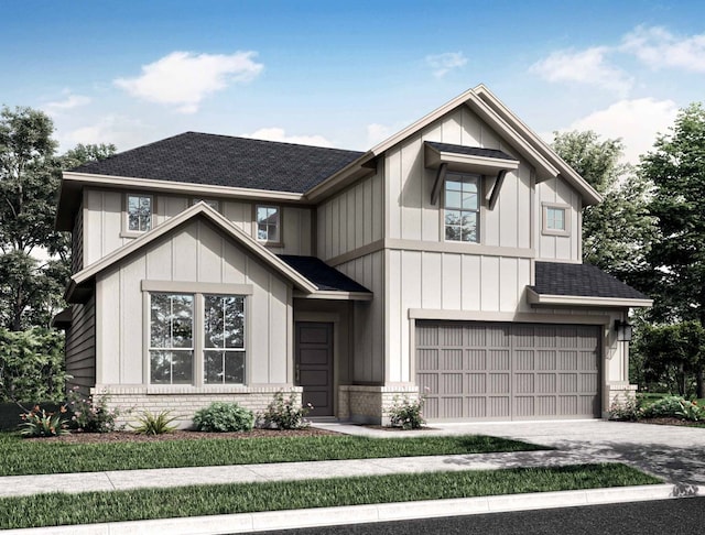 modern farmhouse featuring brick siding, a garage, driveway, and roof with shingles