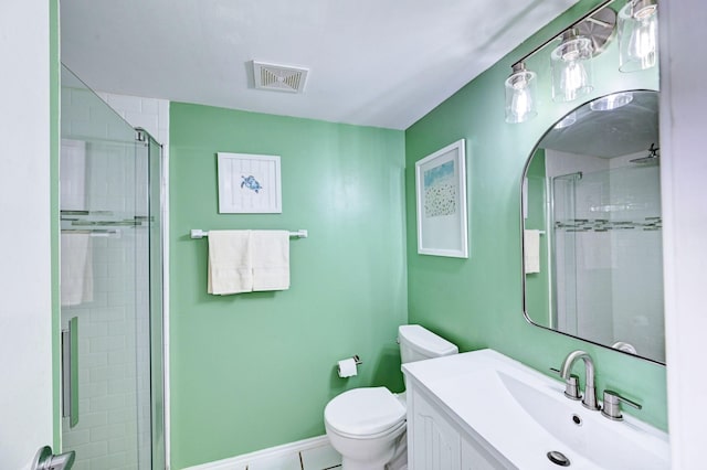 full bathroom with visible vents, a stall shower, toilet, and vanity