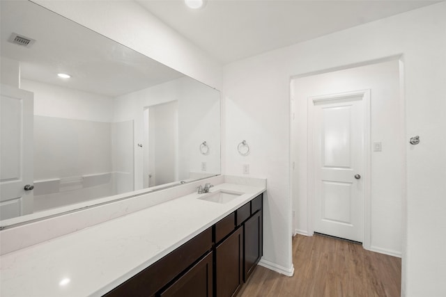 14407 Woodcott Warren Way, Rosharon, TX 77583 - bathroom featuring wood finished floors, vanity, baseboards, and recessed lighting