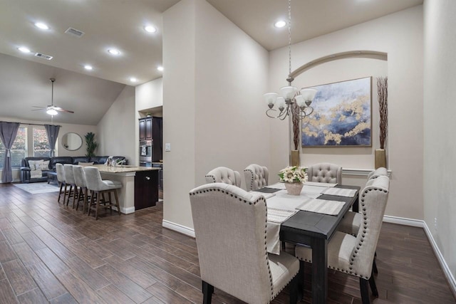 24146 Valencia Ridge Ln, Katy, TX 77494 - dining space with visible vents, baseboards, dark wood finished floors, and ceiling fan with notable chandelier