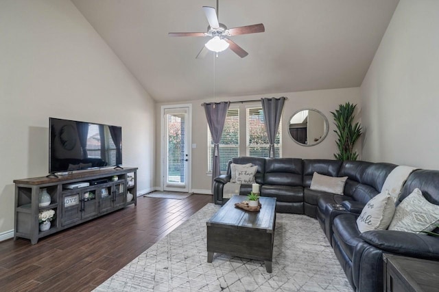 24146 Valencia Ridge Ln, Katy, TX 77494 - living area featuring vaulted ceiling, baseboards, ceiling fan, and wood finished floors