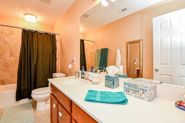 bathroom with tile patterned floors, vanity, shower / tub combo with curtain, toilet, and visible vents